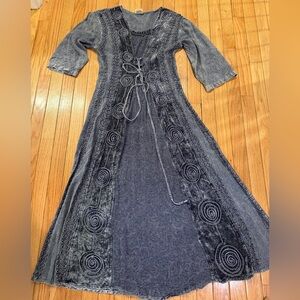 Chic Blue Embroidered Velvet Detail Long Sleeve Burnout Tie Back Dress L52